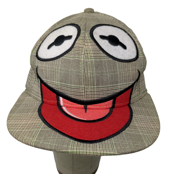 The Muppets Men's Fitted Hat Stretch Kermit the Frog Gray Plaid Poly Blend - Picture 1 of 10